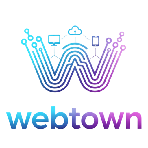 Webtown logo, transparent background, stylized text, digital solutions branding, professional web services.