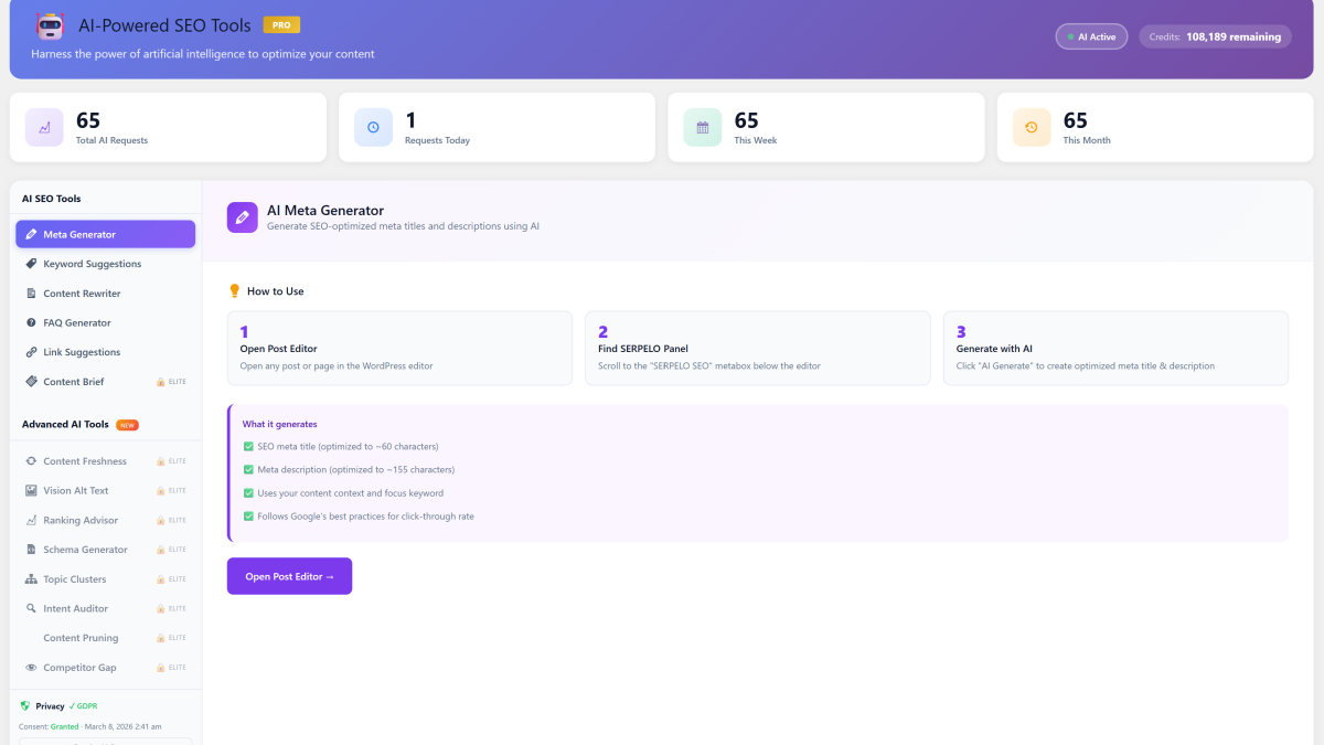 Serpelo AI-powered SEO tools generating meta titles, descriptions, and content briefs automatically