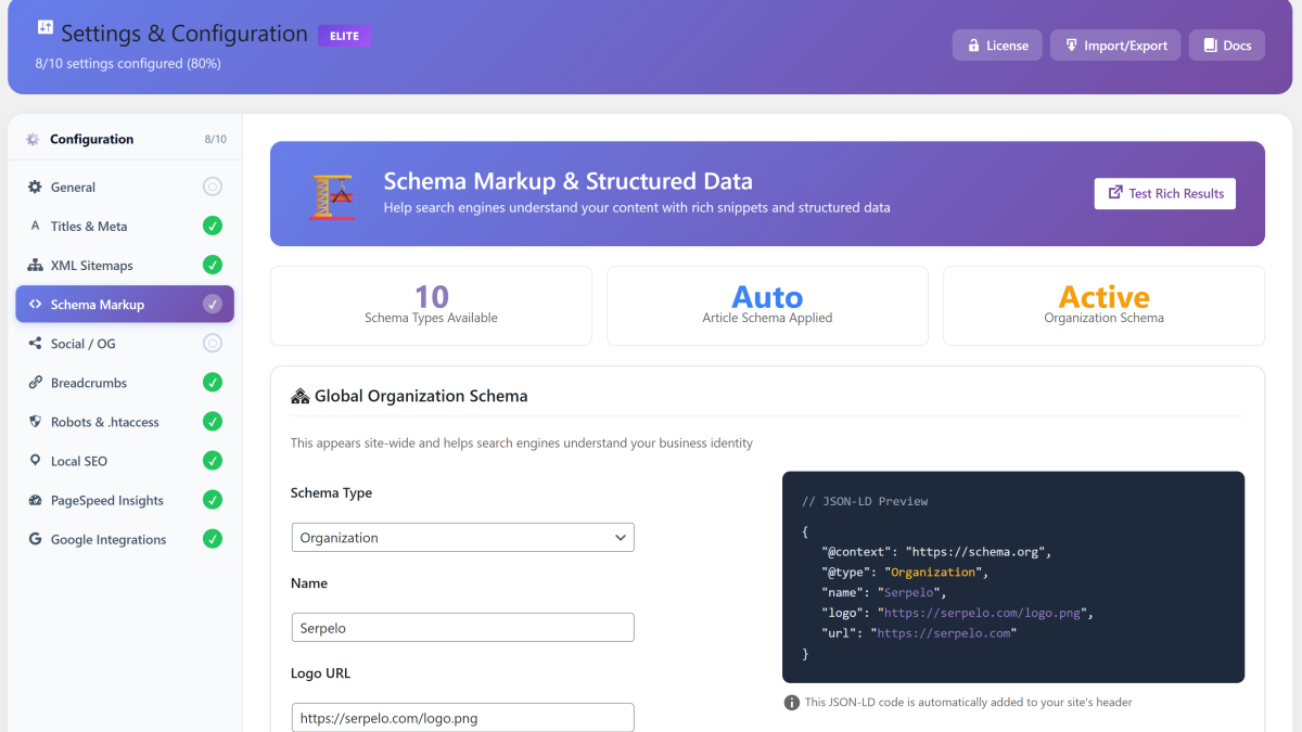 Serpelo visual schema markup builder for WordPress with JSON-LD structured data for rich snippets